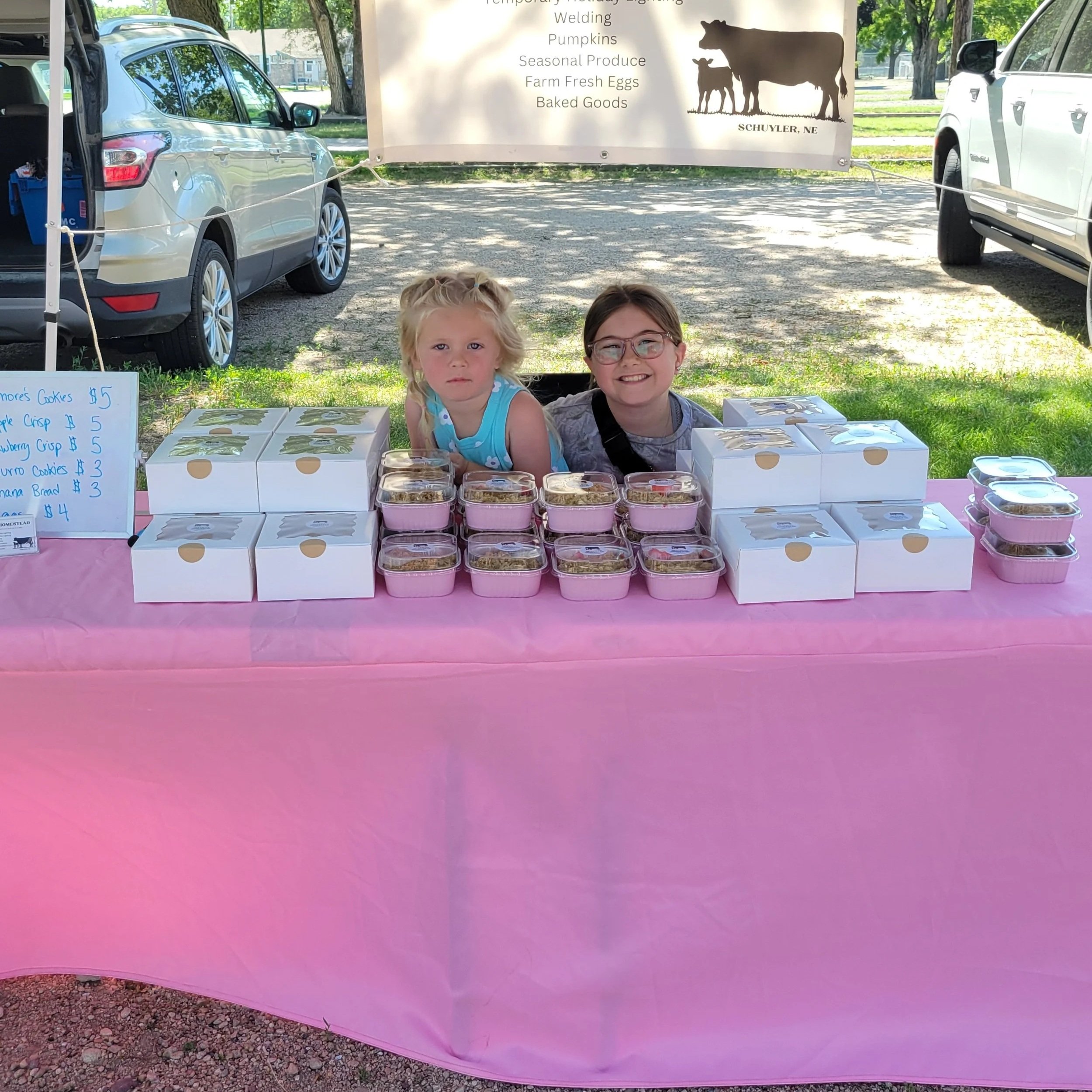 Two young girls smiling behind a colorful table at a farmers market, showcasing baked goods in clear containers and boxes. A sign lists prices for items like s'mores cookies, fruit crisp, and banana bread, emphasizing fresh, homemade treats.