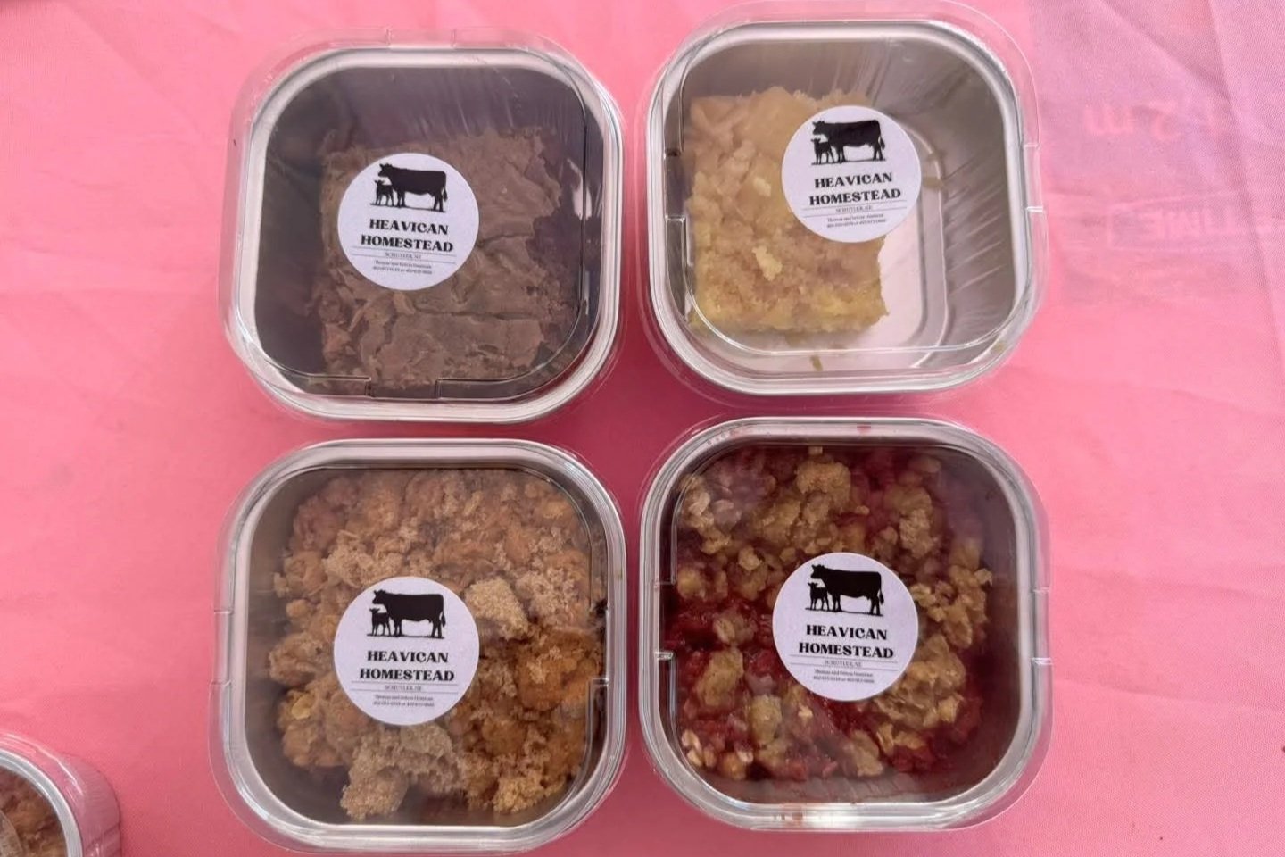 Felicia+Heavican+-+FB_IMG_1751996631372 Homemade desserts from Heavican Homestead displayed in clear containers, featuring chocolate fudge, apple crisp, and berry crumble, on a pink tablecloth.