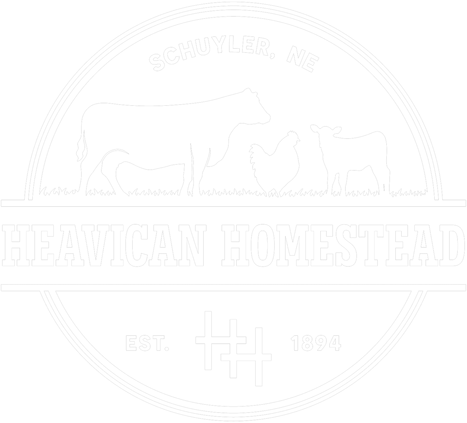 HeavicanHomestead_Logo_White Logo of Heavican Homestead in Schuyler, Nebraska, featuring a silhouette of a cow, chicken, and calf, established in 1894.