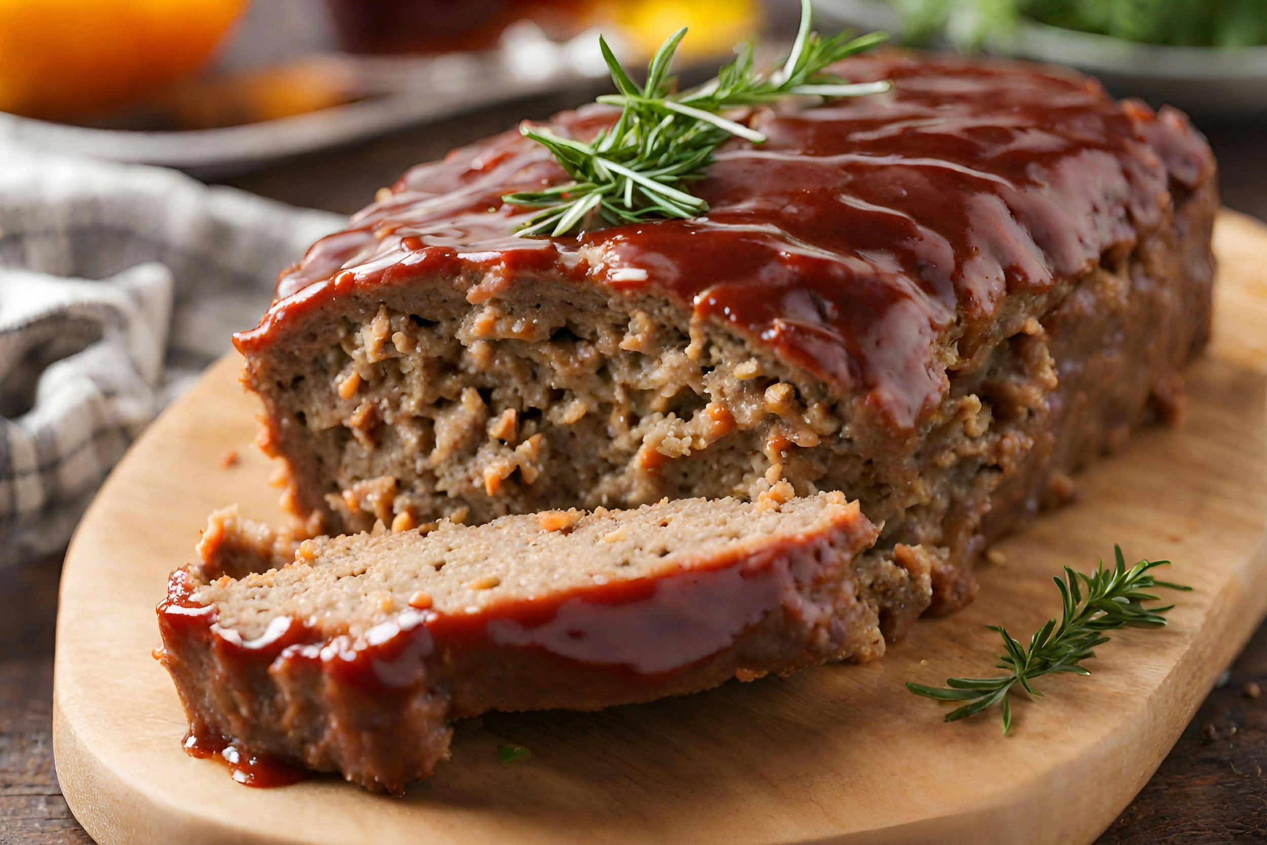 Juicy meatloaf topped with a rich glaze, sliced to reveal a tender interior with visible herbs, served on a wooden cutting board.